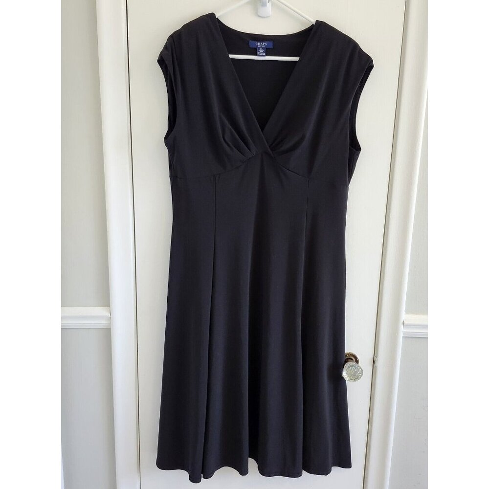 Chaps Women's Size XL A Line Dress Black Stretch V Neck Cap Sleeve